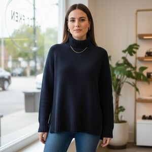 Theory Dark Blue 100% Wool Side Rib Turtleneck Sweater Size P